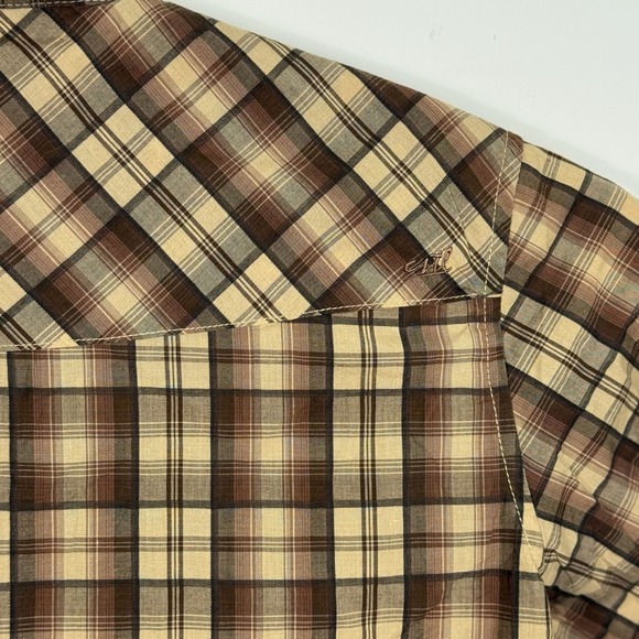 Coastal Brand Mens Plaid Snap Button Short‎ Sleeve Western Shirt Large Brown Tan - Picture 8 of 11